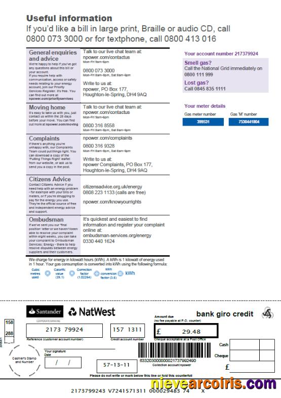 United Kingdom Npower utility bill, 3 pages, 3rd page